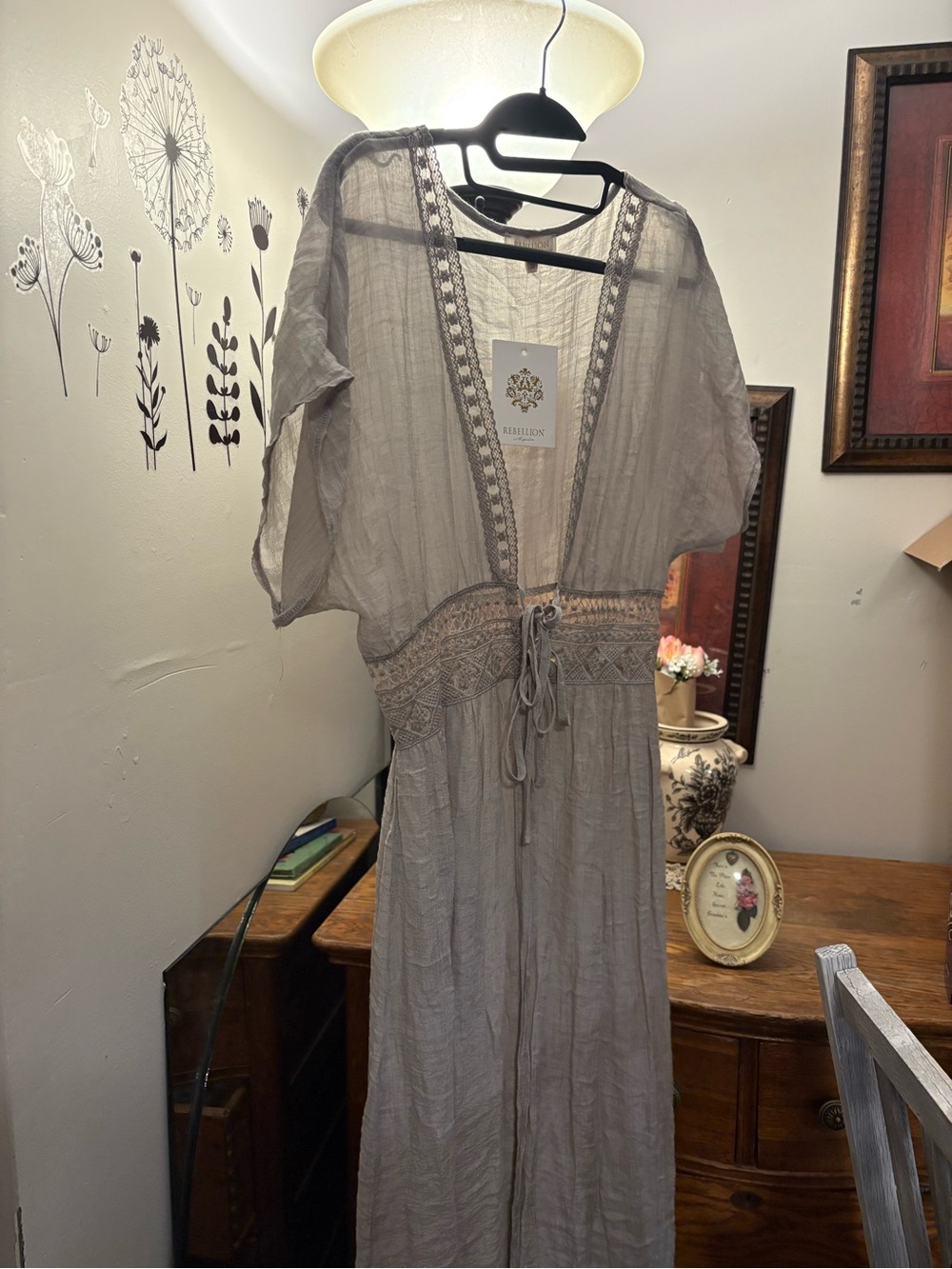 Rebellion Gauzy Lace-Trim Maxi Dress in Taupe